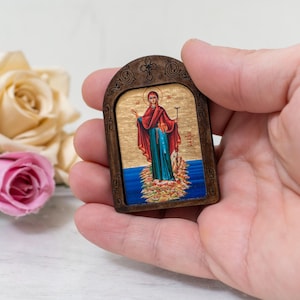 Virgin Mary of Mount Athos Pocket Wooden Christian Icon  Handcrafted on Silk Canvas –Intricate Detail, Small traveler icon.