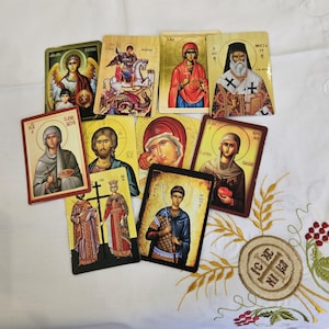 Enorm pakketassortiment van 16 verschillende flexibele magneten bedrukte heiligenkaarten, Grieks-Byzantijns-orthodoxe iconen op zakformaat met geweldige kwaliteit.