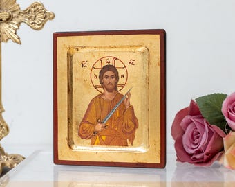 Jesus Christ with Sword Cutting the Sin Aged Gold Background Handmade Wooden Icon