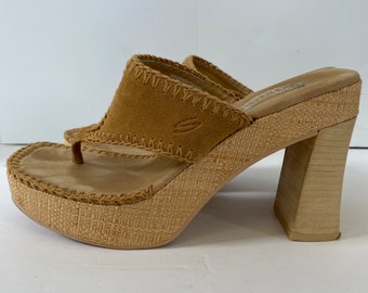 Tan suede and  beige straw platform thongs / flip flops- size 9