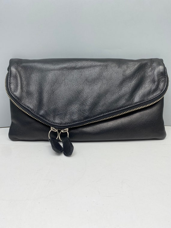 Black leather clutch handbag with chain strap- co… - image 1