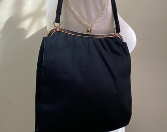 Vintage Twifaille by Rosenfeld satin black evening bag- handbag enamel rosebuds