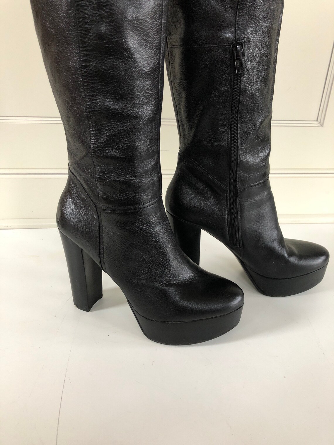 Tall black leather platform boots Women size 9 5 inch heel | Etsy