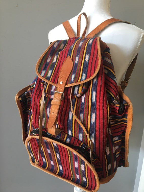 Kilim and tan leather rucksack bag, backpack , fe… - image 7