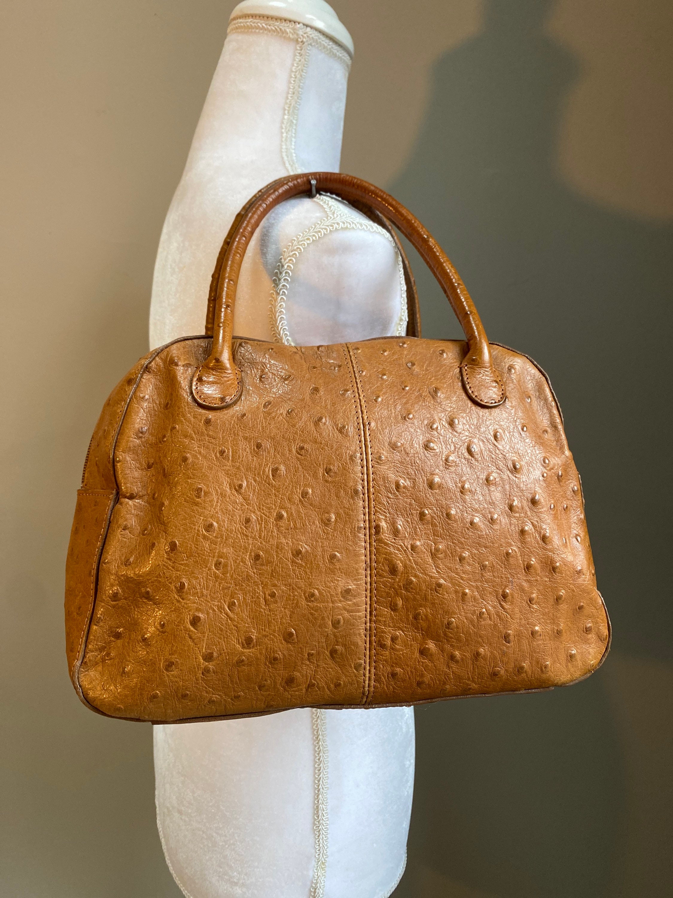 Vintage Tan Leather Top Handle Handbag Ostrich Print Leather 