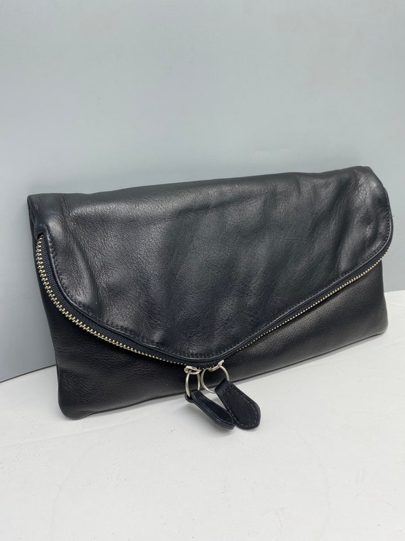 Black leather clutch handbag with chain strap- co… - image 2