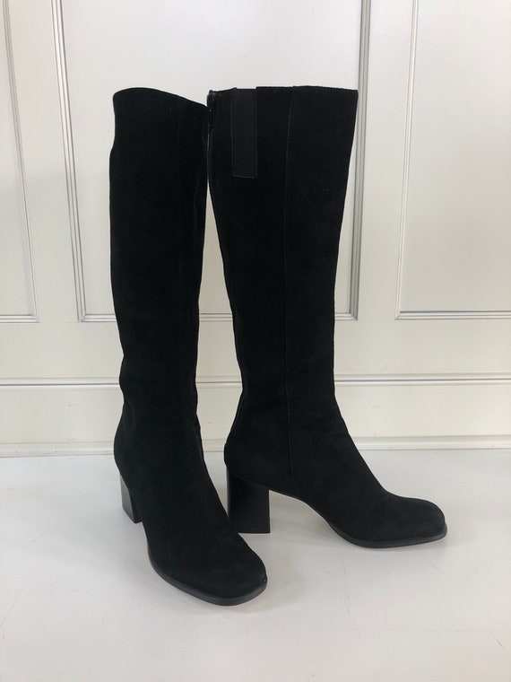 Black suede tall boots- Go go boot- chunky heel bl