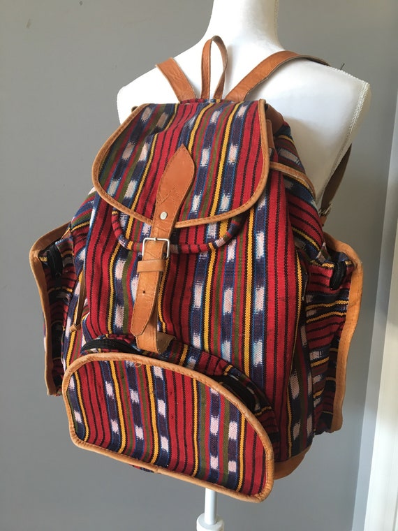 Kilim and tan leather rucksack bag, backpack , fe… - image 1