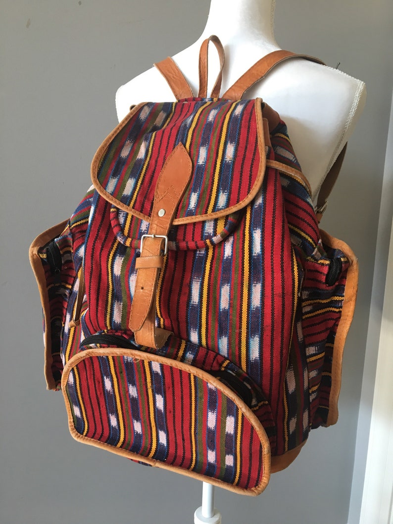 Kilim and tan leather rucksack bag, backpack , festival bag image 1