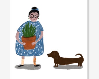 Illustration in instant download with a plant lady with her plant and a dachshund.