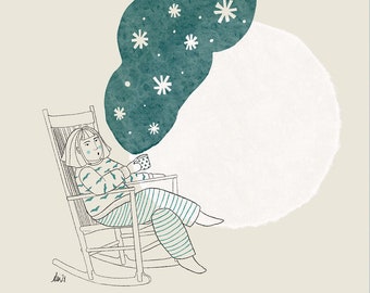 Illustration in instant download with a girl enjoying her cup of tea on a rocking chair. The steam of tea contains stars.