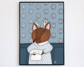 Deer illustration, children illustration, download illustration, Christmas illustration, snowflakes wallpaper, kids wall art, deer picture