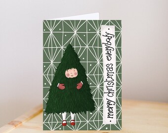 Christmas greeting, Christmas card, Chritmas tree greeting card, Girl christmas tree, green Christmas card, Christmas kids card