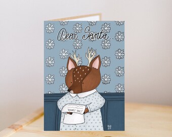 Christmas greeting, Christmas card, Christmas deer greeting card, blue Christmas card, Christmas kids card, Deer wishes, letter to Santa