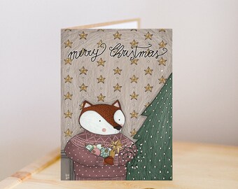 Christmas greeting, Christmas card, Christmas fox greeting card, Christmas tree card, Christmas kids card, Christmas gift card, Fox card