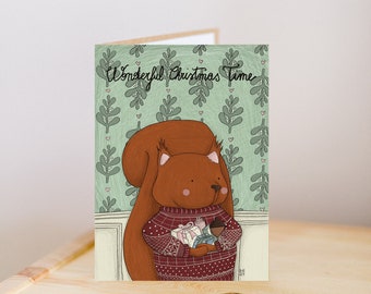 Christmas greeting, Christmas card, Christmas squirrel greeting card, green Christmas card, Christmas kids card, Christmas gift card