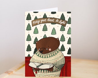 Christmas greeting, Christmas card, Bear greeting card, Christmas tree card, cottage core card, Christmas bear greeting, Christmas kids card