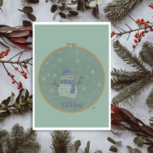 Christmas wishes in instant download with an embroidery ring with a snowman with his friend the robin. Let it snow in blue. image 2