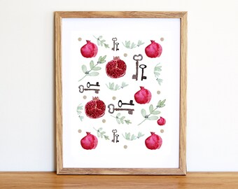 Christmas illustration in instant download with pomegranates, old keys and mistletoe branches. Painted with watercolors.