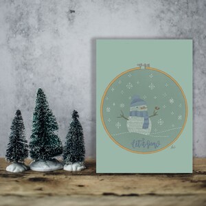 Christmas wishes in instant download with an embroidery ring with a snowman with his friend the robin. Let it snow in blue. image 1