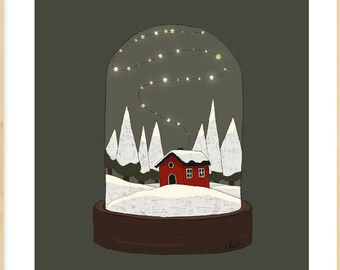 Illustrazione digitale da scaricare con un paesaggio invernale dentro una boule de neige con lucine e casetta rossa.