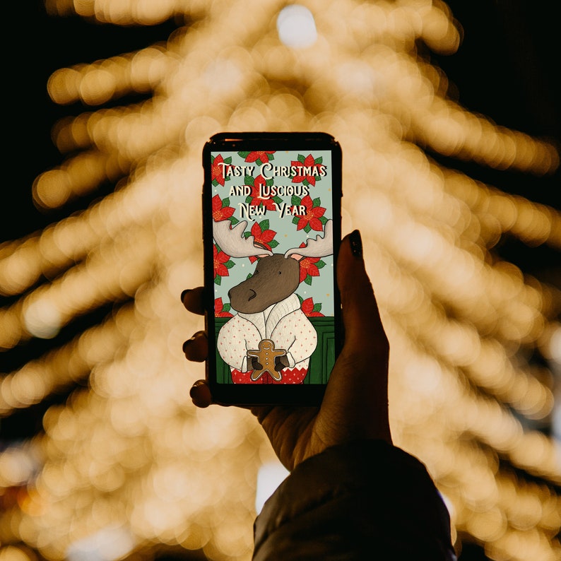 Auguri di Natale digitali per smartphone, biglietto di auguri di Natale da scaricare, illustrazione con alce natalizia per cellulari, sfondo immagine 3