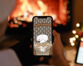 Auguri di Natale digitali per smartphone, biglietto di auguri di Natale da scaricare, illustrazione natalizia con leprotto per cellulari