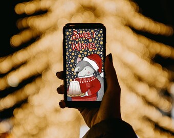 Christmas greetings digital card, download illustration, Christmas wishes for smartphones, wolf Christmas drawing, Christmas wallpaper