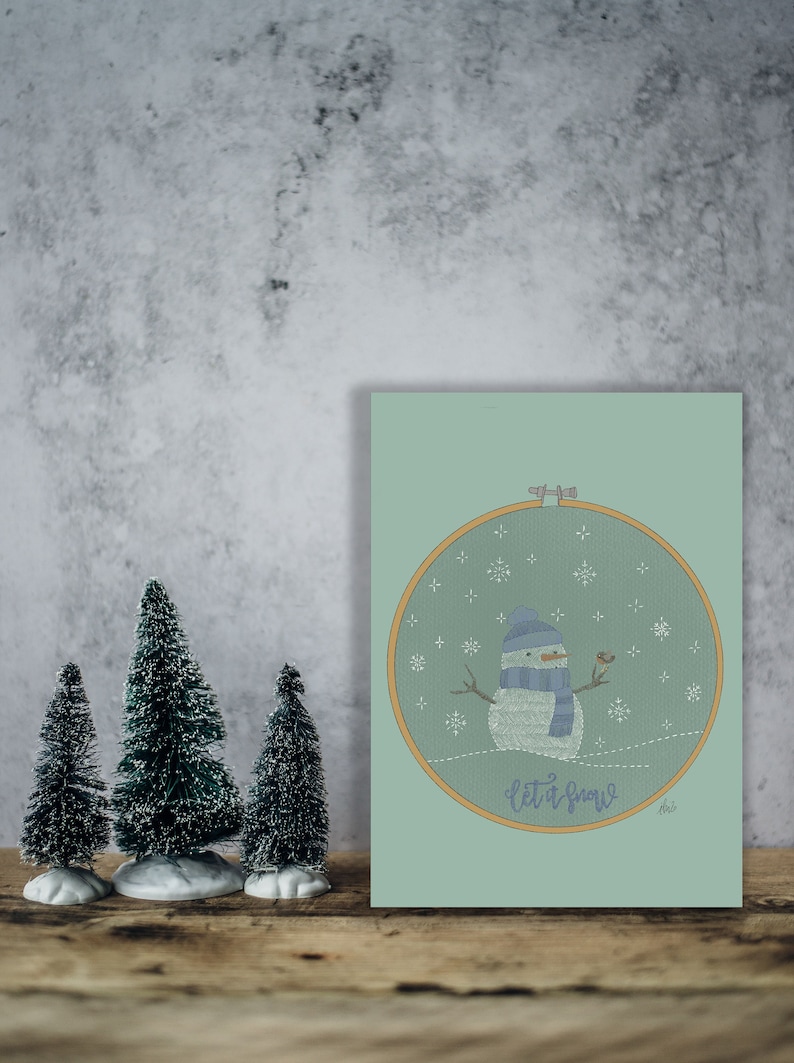 Christmas wishes in instant download with an embroidery ring with a snowman with his friend the robin. Let it snow in blue. image 1