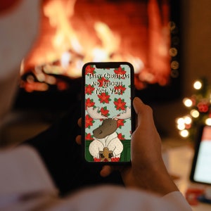 Auguri di Natale digitali per smartphone, biglietto di auguri di Natale da scaricare, illustrazione con alce natalizia per cellulari, sfondo immagine 5
