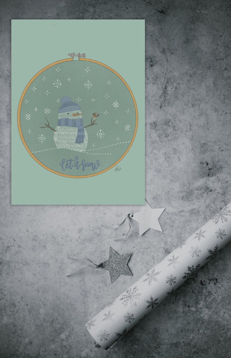 Christmas wishes in instant download with an embroidery ring with a snowman with his friend the robin. Let it snow in blue. image 8
