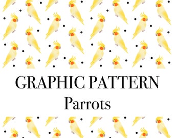 Graphic pattern in instant download for wrapping paper, wallpaper, fabric, screensavers. Yellow parrots theme with white background.