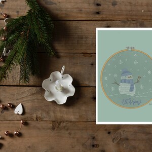 Christmas wishes in instant download with an embroidery ring with a snowman with his friend the robin. Let it snow in blue. image 4