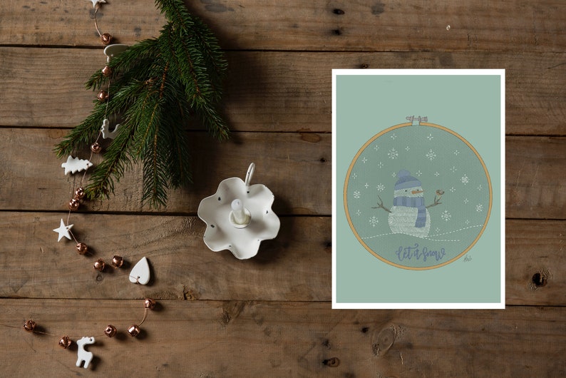 Christmas wishes in instant download with an embroidery ring with a snowman with his friend the robin. Let it snow in blue. image 4