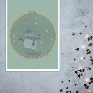 Christmas wishes in instant download with an embroidery ring with a snowman with his friend the robin. Let it snow in blue. image 6