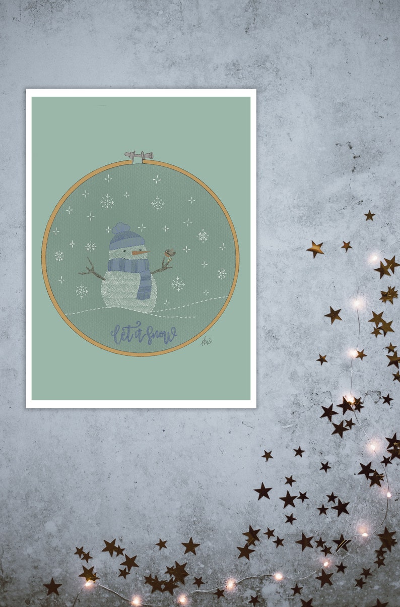 Christmas wishes in instant download with an embroidery ring with a snowman with his friend the robin. Let it snow in blue. image 6