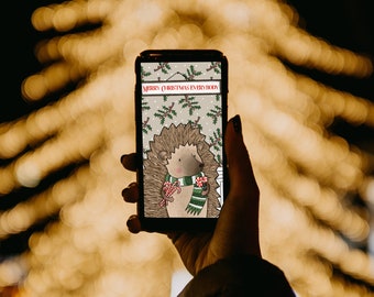 Auguri di Natale digitali per smartphone, biglietto di auguri di Natale da scaricare, illustrazione con riccio natalizia per cellulari