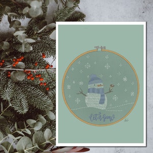 Christmas wishes in instant download with an embroidery ring with a snowman with his friend the robin. Let it snow in blue. image 3