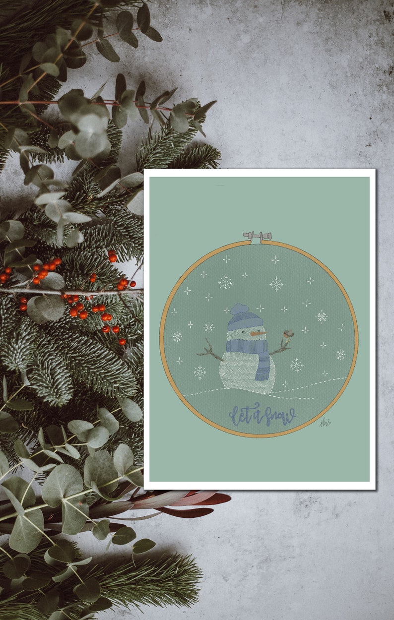 Christmas wishes in instant download with an embroidery ring with a snowman with his friend the robin. Let it snow in blue. image 3