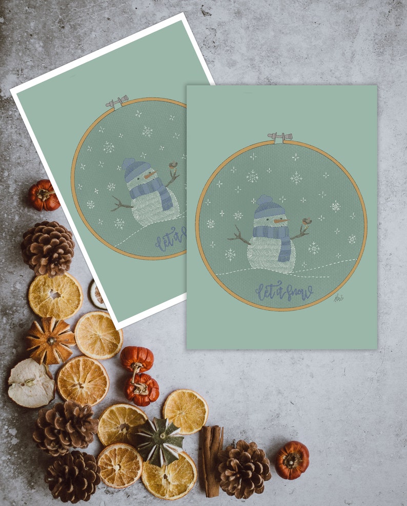 Christmas wishes in instant download with an embroidery ring with a snowman with his friend the robin. Let it snow in blue. image 9