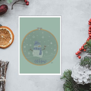 Christmas wishes in instant download with an embroidery ring with a snowman with his friend the robin. Let it snow in blue. image 7