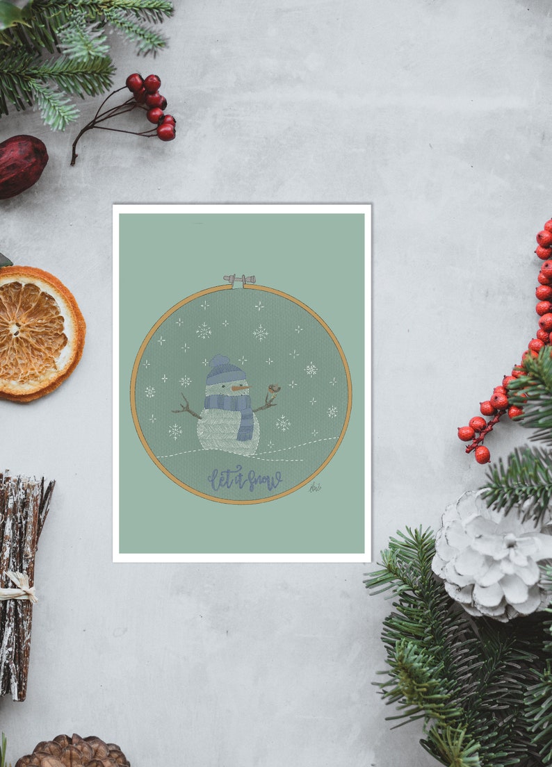 Christmas wishes in instant download with an embroidery ring with a snowman with his friend the robin. Let it snow in blue. image 7