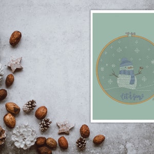 Christmas wishes in instant download with an embroidery ring with a snowman with his friend the robin. Let it snow in blue. image 10