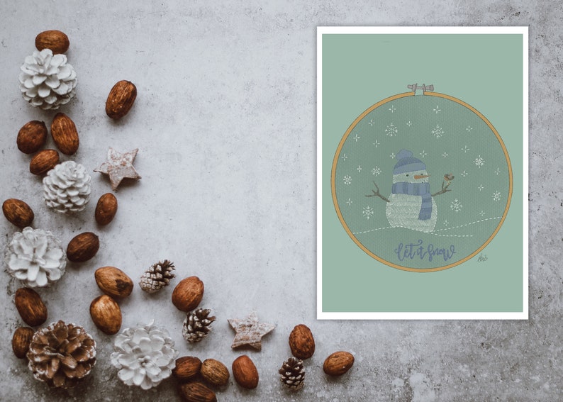 Christmas wishes in instant download with an embroidery ring with a snowman with his friend the robin. Let it snow in blue. image 10