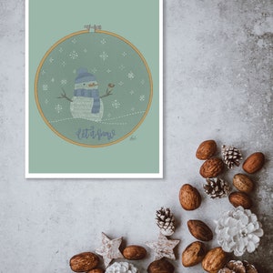 Christmas wishes in instant download with an embroidery ring with a snowman with his friend the robin. Let it snow in blue. image 5