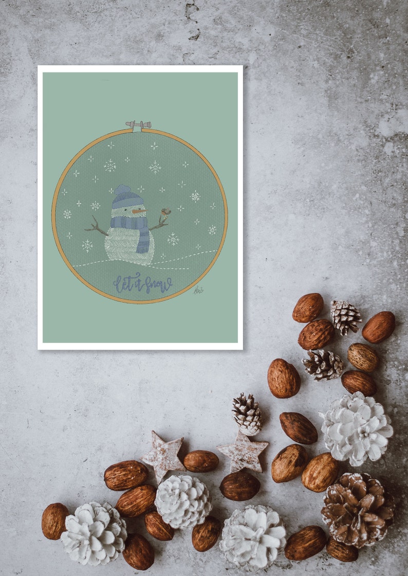 Christmas wishes in instant download with an embroidery ring with a snowman with his friend the robin. Let it snow in blue. image 5