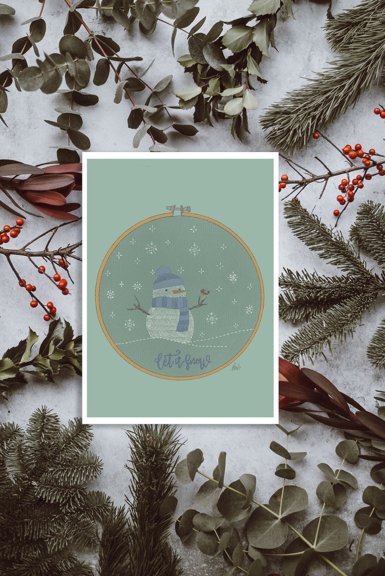 Christmas wishes in instant download with an embroidery ring with a snowman with his friend the robin. Let it snow in blue. image 2