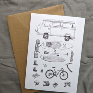 Carte de voeux, camping-car d'aventure, dessin à la plume et à l'encre de voyage sur la route