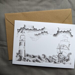Carte de voeux, style tatouage Stormy Seas, dessin à la plume et à l'encre, art océanique, vieille école