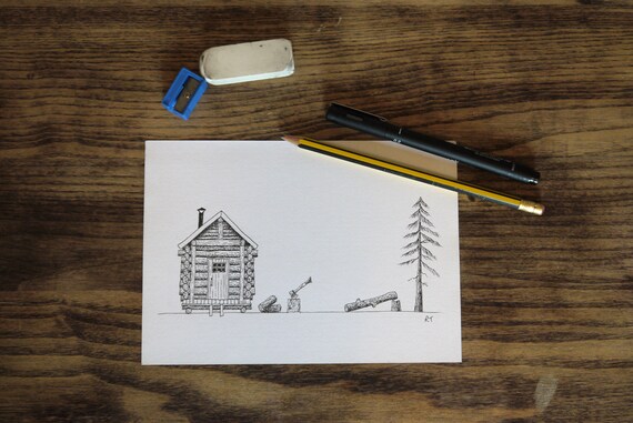 Cabin In The Woods Original Pen And Ink Drawing Man Cave Etsy
